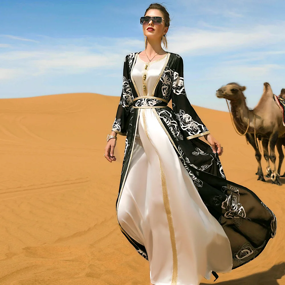 Imagem -06 - Ramadan Abaya Dubai Bordado Formal Vestido Longo para as Mulheres Peça Terno Quimono Árabe Terno Feminino Islam Vestidos Caftan Marocain