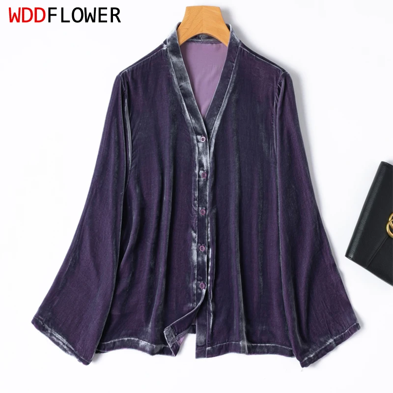 

Женское шелковое бархатное пальто, 100% шелковая подкладка, фиолетовый цвет, куртка с длинными рукавами, кардиган, блузка, верхняя рубашка, осенняя теплая M1469