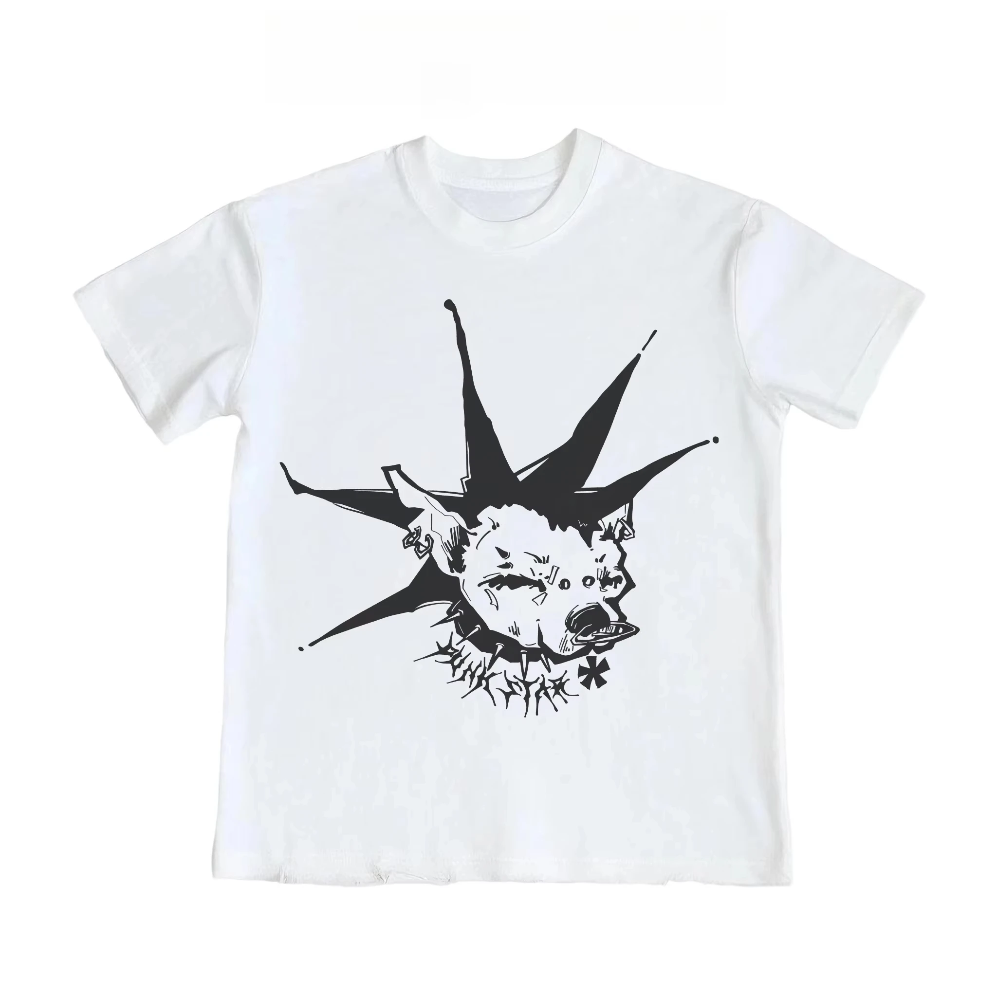 2025 جديد الرجال والنساء القطن الخالص مستقيم الكتف فاسق اليد تخريب قصيرة الأكمام الأصلي القنفذ رئيس تي شيرت الشارع #2