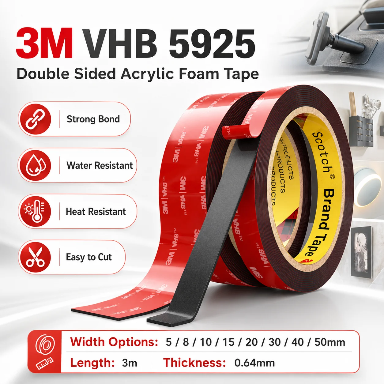 3M VHB 5925 Double Sided Acrylic Foam Tape Strong Bond Water Resistant Heat Resistant For Car Trim Home Mounting DIY 3m 0.64mm
