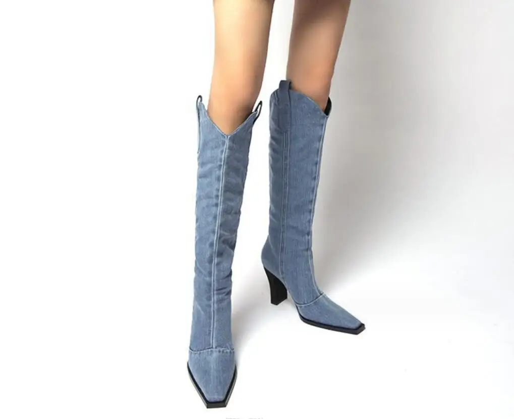 Dedo apontado Joelho botas altas para mulheres, sapatos de camurça, longo, salto azul, tamanho grande, senhoras, vaqueiro ocidental, alta qualidade, inverno, novo