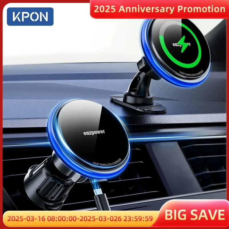 KPON Magnetic Car Phone Holder Wareless Charging Adjustable 360° 15W Air Vent Universal  for iPhone 14 15 16 Smartphone  Stand