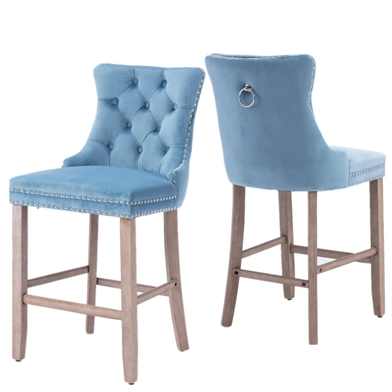 

2 Piece Velvet Bar Stool Set 27" Counter Height Upholstered Tufted Bar Stools With Back for Home Bar Dining Room - Light Blue