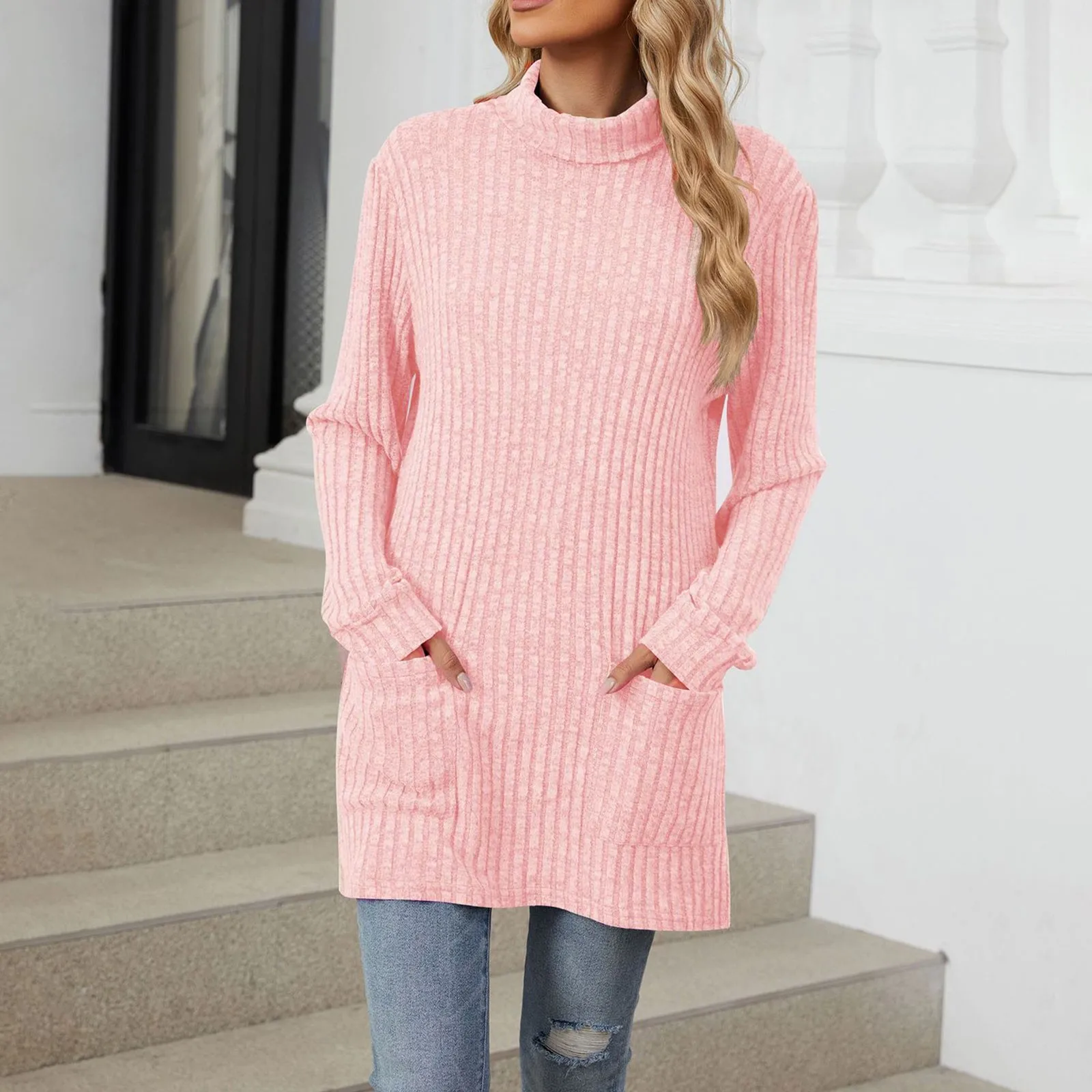 2024 Autumn And Winter New Mid-Length Half High Neck Jumper Pit Stripes Solid Colour Long Sleeve Loose Pocket Jumper Dress Women