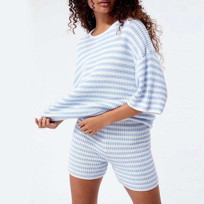 

Women's 2 Piece Outfits Sweater Set Stripe Round Neck Short Sleeve Knit Pullovers Tops Elastic Waist Slim Shorts Lounge Suit
