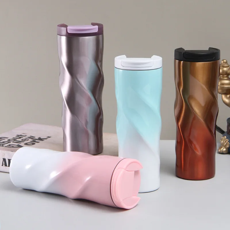 500ml Twisted Wave Shape Stainless Steel Travel Mug,Vacuum Insulated Coffee Tumbler Leakproof Flip Lid for Car Office