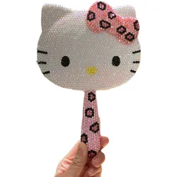 New 2023 DIY Crystals Hello Kitty Stuff Mirror Handle Mirror Leopard Birthday Gift Kawaii Productos for Girl Women Table Decor