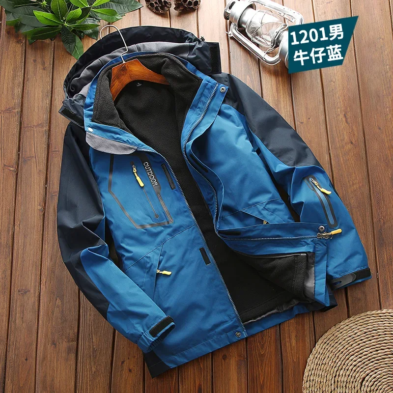 Jaket mantel Pria, tahan air dua set jaket 3 dalam 1 pria bulu domba luar ruangan Windbreake mode luar ruangan kasual berkemah