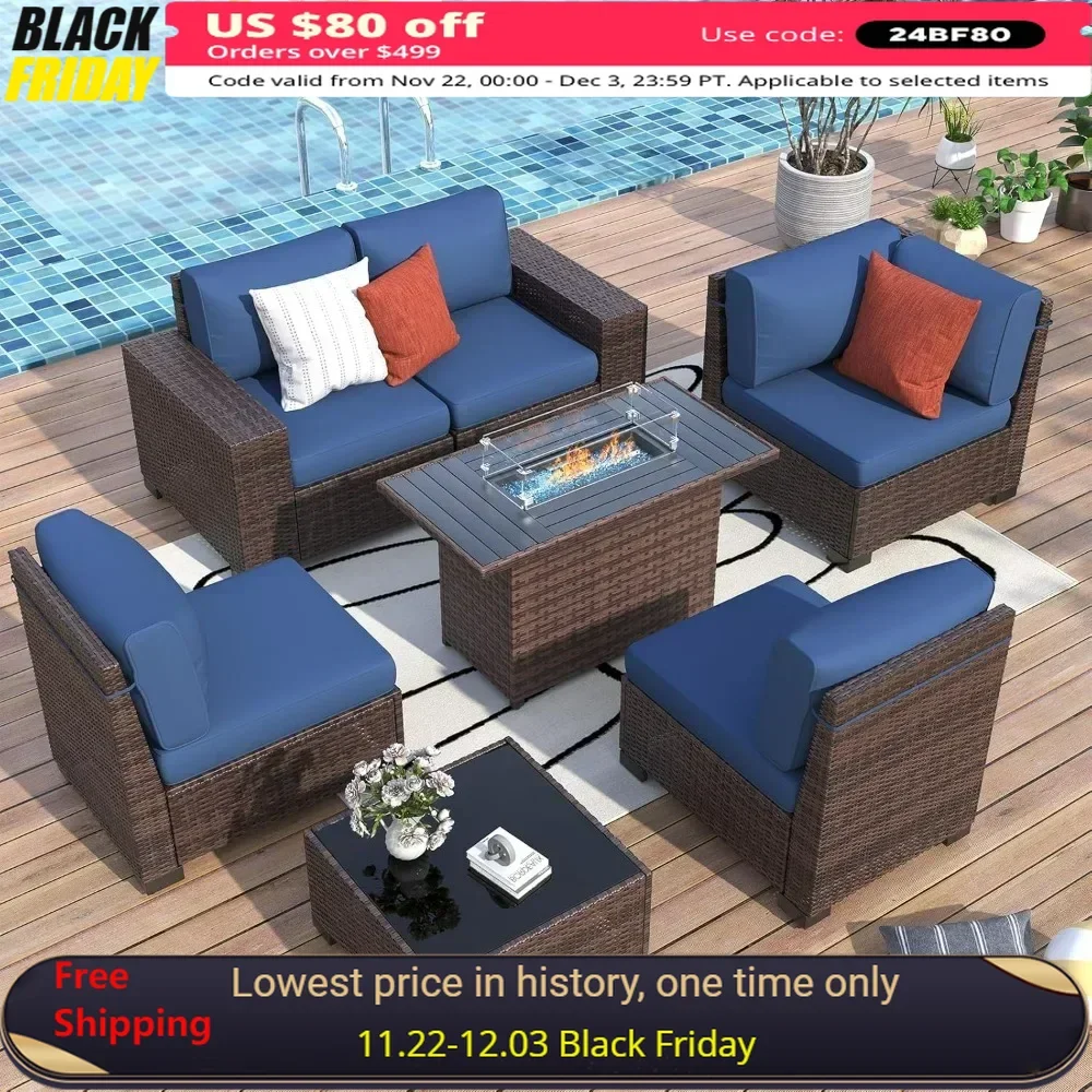 Patio Furniture with Fire Pit Table,8‘’ Wide armrest Outdoor Sectional Rattan Sofa Set, Wicker Patio Furniture Sets Coffee Table