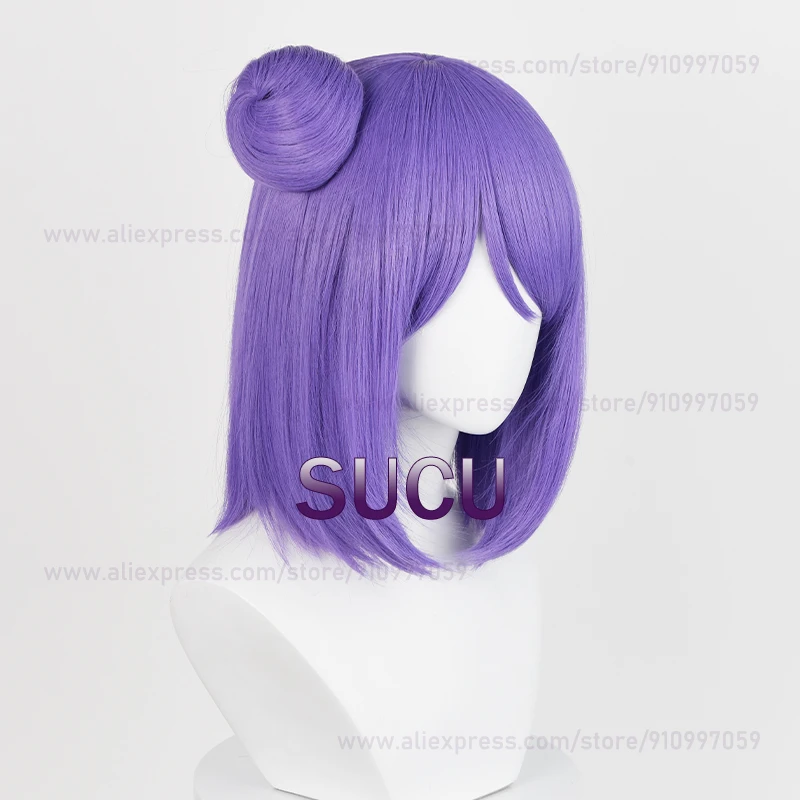 Peruca Cosplay Anime Konan para mulheres, cabelo curto roxo com coque, resistente ao calor, perucas sintéticas, 34cm