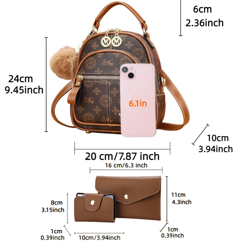 3-piece women's bag set, lightweight luxury printed mini backpack for ladies with four carrying ways: shoulder, crossbody view 2