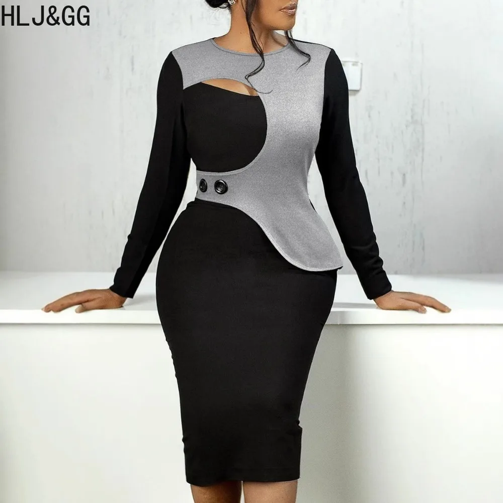 

HLJ&GG Black Sexy Hollow Patchwork Irregular Bodycon Dresses Women Round Neck Long Sleeve Slim Vestidos Elegant Lady Clothing