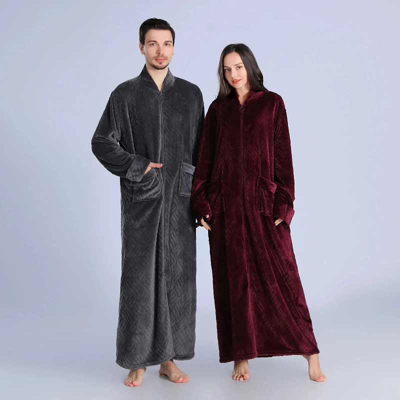 Extended Women\'s Flannel Zipper Pajamas Solid Color Jacquard Thick Warm Bathrobe Plus Size Women\'s Bathrobe Couple Bathrobe