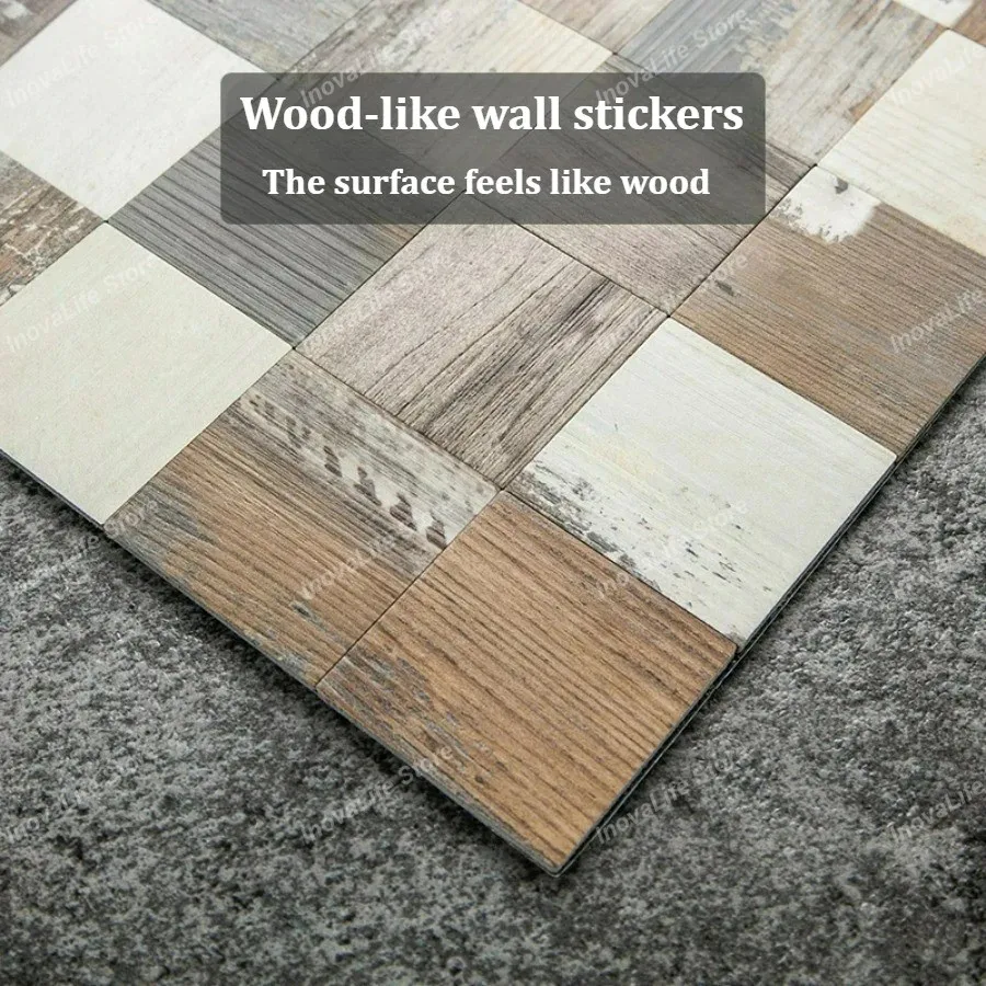 3D Wood Grain Wall Stickers Self-Adhesive Vintage Mosaic Tile Aluminum Composite Tiles Living Room Bedroom Interior Wall Decor