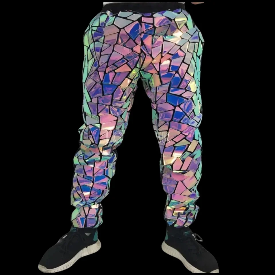 Men's Glitter Silver Laser Mirror Casual Pants Hip Hop Dancer Stage Performance Shiny Trousers Bar Singer Elastic Harem