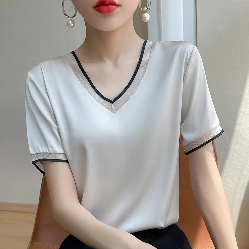 Women\'s Silk Satin Fabric Blouse Short Sleeve T-Shirt Mesh Stitching Short Sleeve Loose Temperament Blouse 2024 New Model