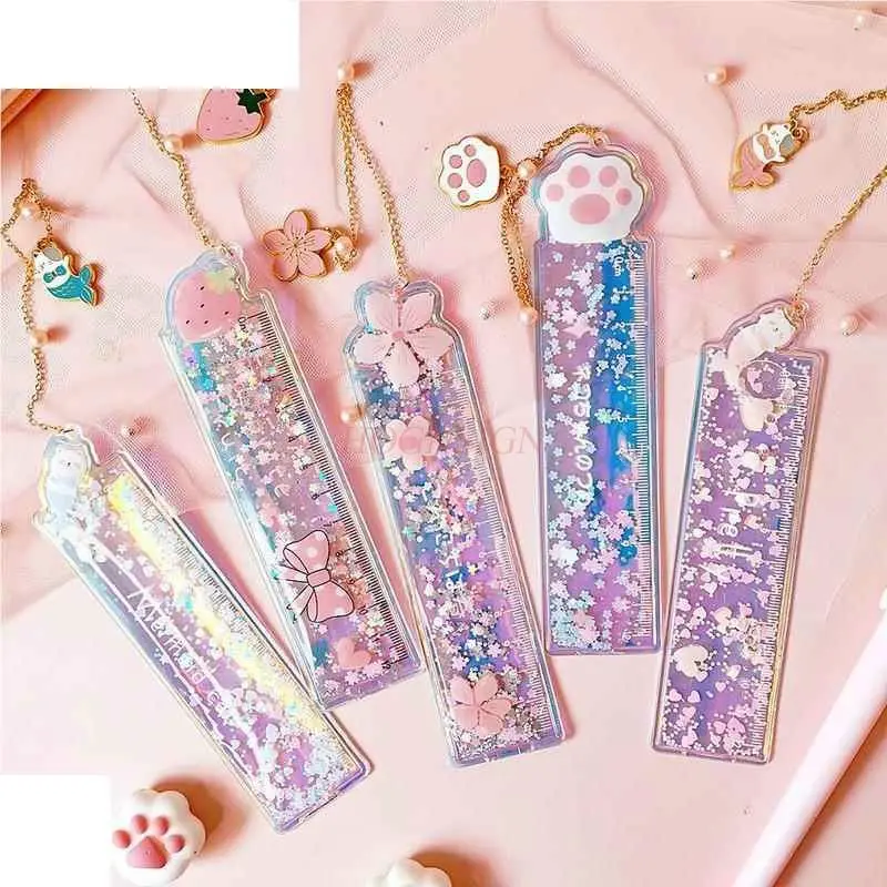 1pcs Flowing sand ruler glitter cute creative ruler multifunctional cherry blossom pendant bookmark ruler student stationery