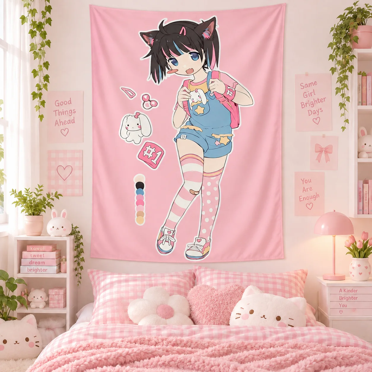 Cute Chibi Cat Ear Anime Girl Wall Tapestry Hanging Dorm Bedroom Kawaii Aesthetic Home Background Decoration Cloth