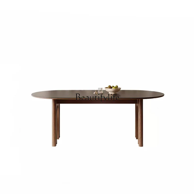 French retro rock slab solid wood antique dining table modern simple household oval dining table