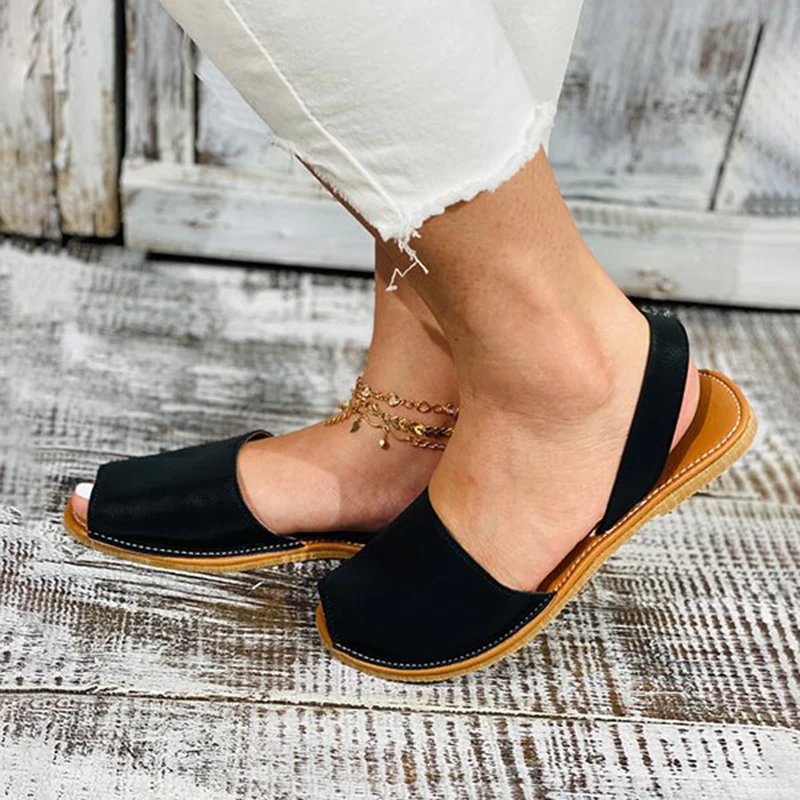 Faux Leather Peep-toe Sandals For Women Fish Mouth PU Shoes Summer Beach Flat Heel Shoes 2023 New Ladies Flats Slippers