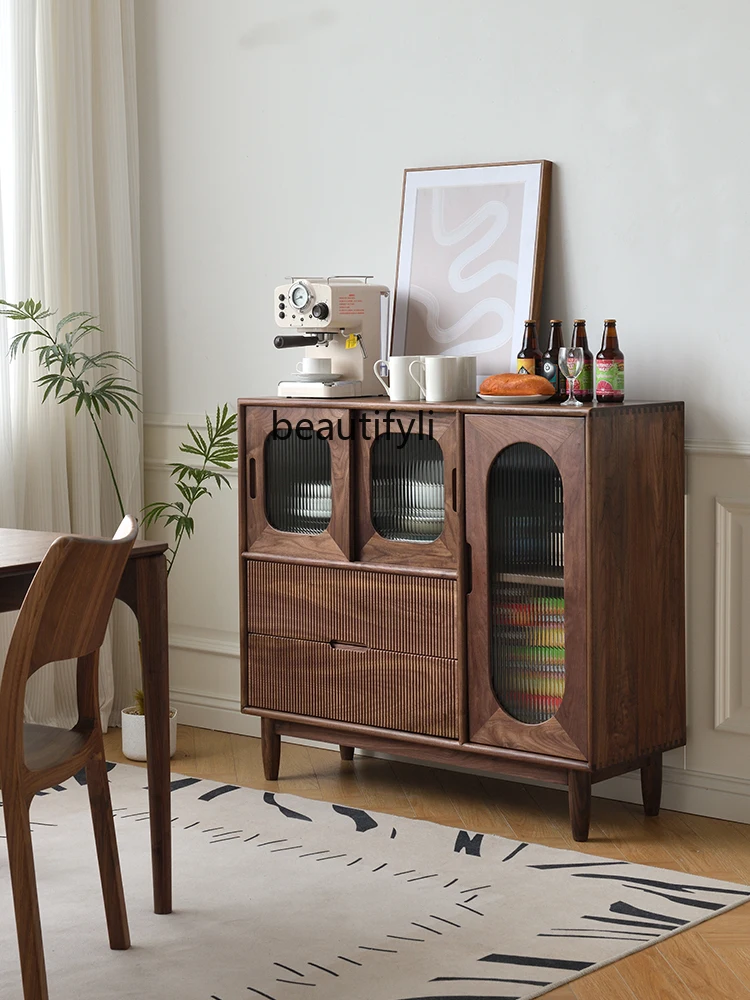 

Black Walnut Wood Sideboard Retro Solid Wood Tea Cabinet Storage Locker Changhong Glass Wine Cabinet Entrance Cabinet