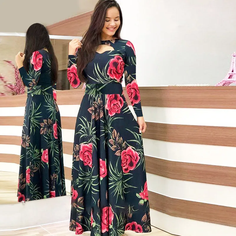 Jesienne sukienki damskie z długim rękawem z nadrukiem 2024 Fashion Round Neck Flower Hollow Maxi Roupas Mujer 5XL