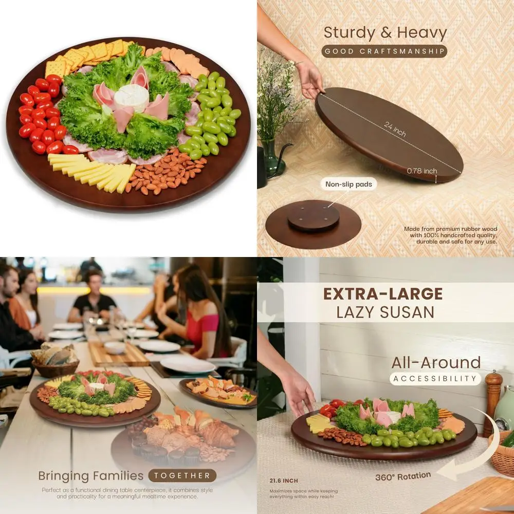 

24 Large Wooden Lazy Susan with Premium Rubberwood Construction - Ideal for Charcuterie Boards and Dining Tables