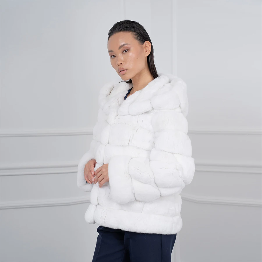 Real Fur Coat White Chinchilla Rex Rabbit Fur Jackets With Hood Short Natural Rabbit Fur Coat Women's Winter Jackets