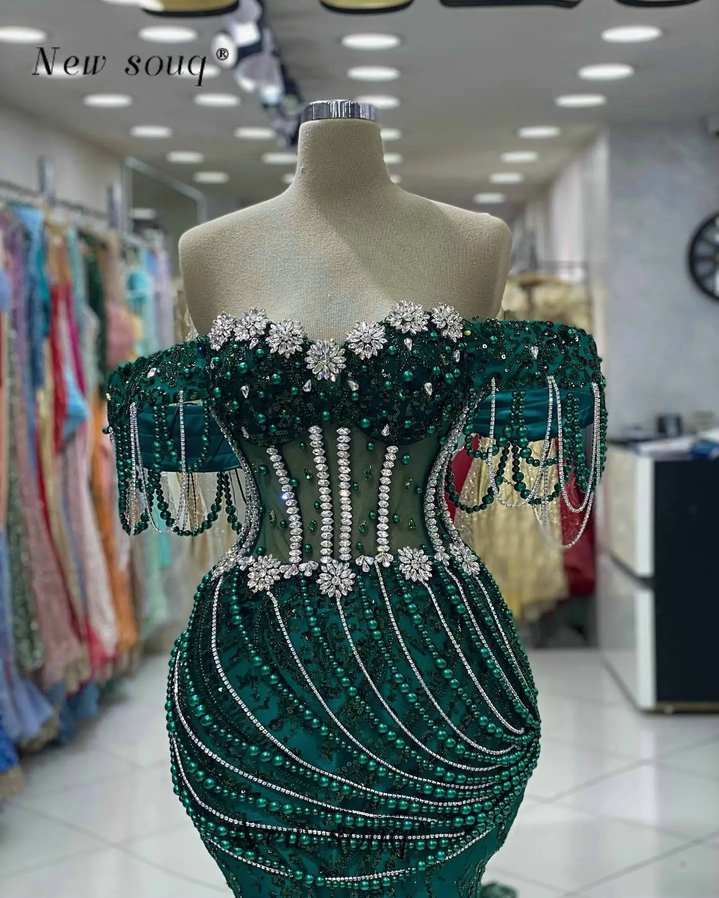 Formal Green Crystals Off the Shoulder Evening Dresses for Women Wedding Party Pearls Long Corset Sequined Night Party Gowns