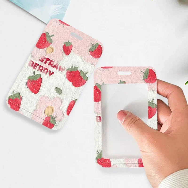 Strawberry Flowers Business Card Holder with Retractable Spring Cord for Bus Campus Lunch Card Door Card Kpop Photocard Holder