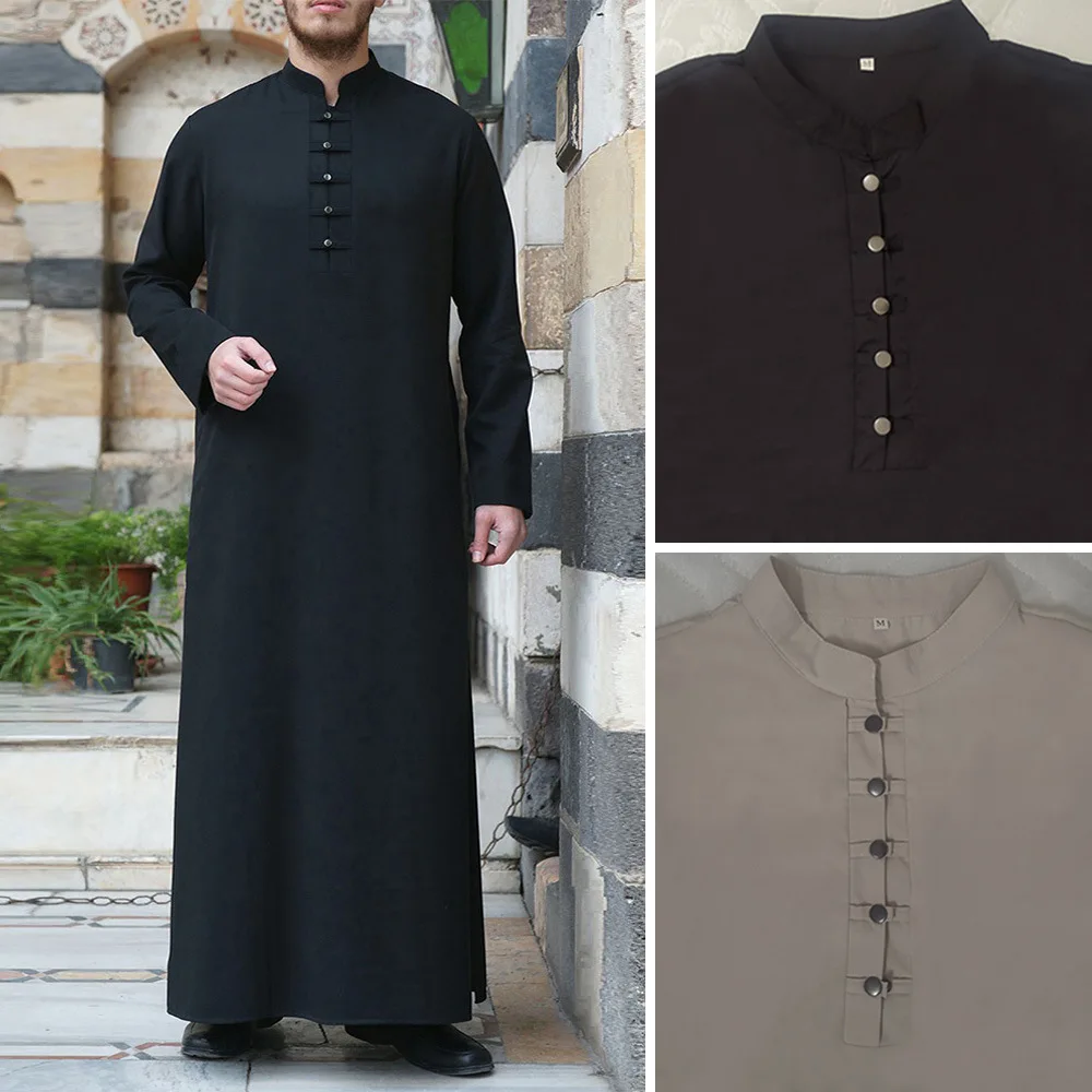 Men Jubba Thobe Saudi Arabia Islamic Clothing Black Long Sleeve Abaya Muslim Fashion Kaftan Oversized Casual Men Kaftan