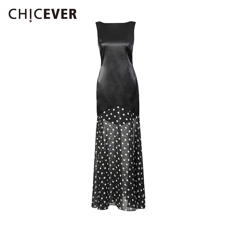 CHICEVER-vestido negro con estampado de puntos empalmados para mujer, cuello redondo, sin mangas, adelgazante, suave, intelectual, moda de verano