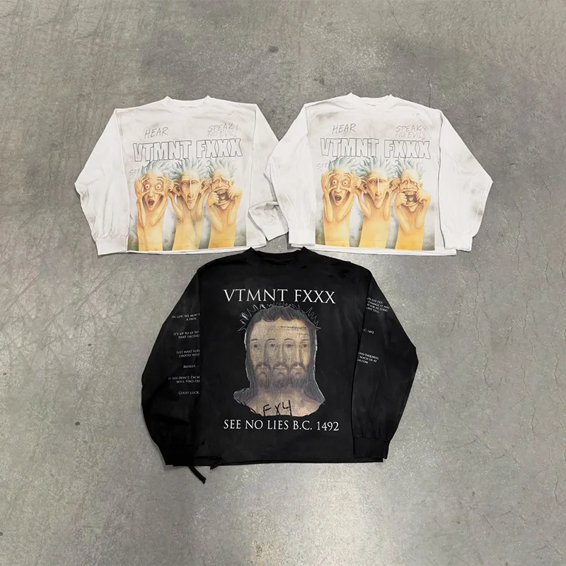 

Y2K винтажная потертая толстовка в стиле хип-хоп, негабаритная футболка с длинным рукавом с религиозной графикой для мужчин и женщин, модная повседневная уличная одежда