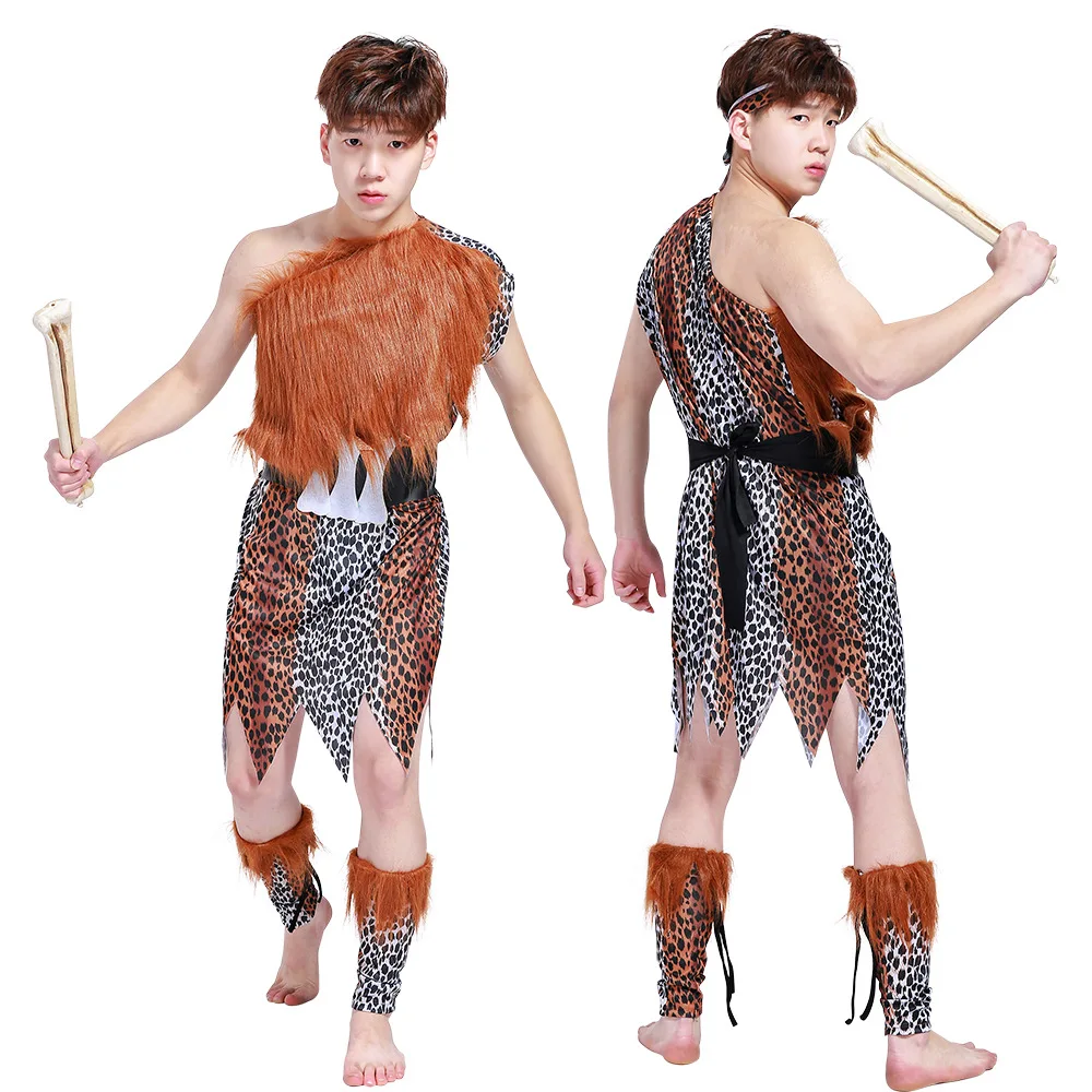 Boy Girls Men Women's Cave Costume Leopard Print Halloween Cosplay Indian Clothing Primitive Hunter Performance Costume