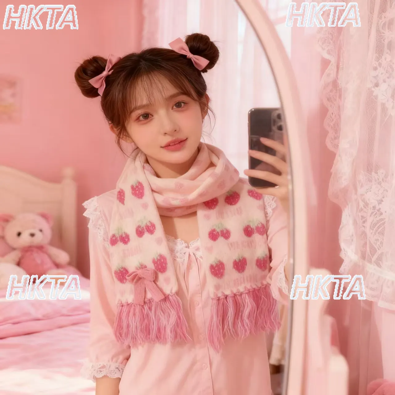 

Fall Winter New Knitted Double-Sided Scarf Sweet New Year Atmosphere Tassel Strawberry Plush Scarf Cute Girl Warm Scarves Shawl