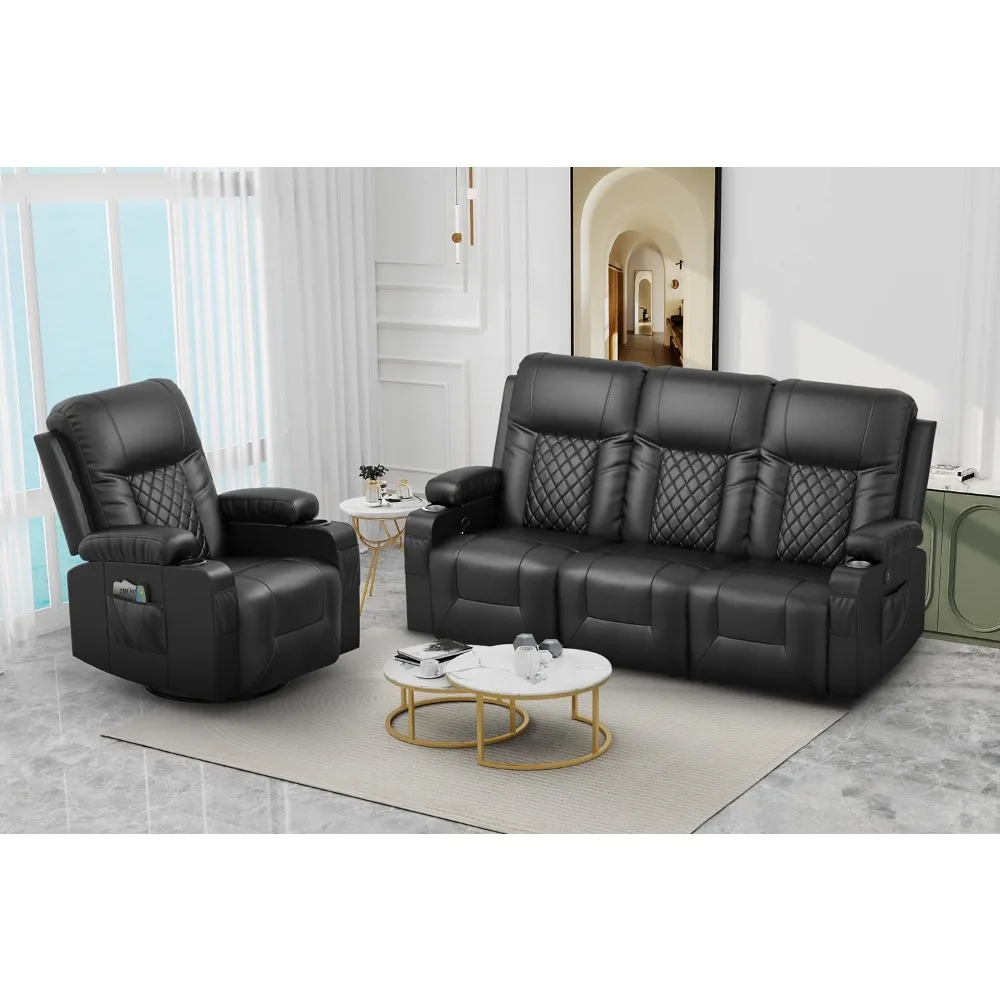 

Recliner Sofa Set with 3+1 Pieces in Living Room, 3 Seater Reclining Sofa, 1 Recliner Chair with 360 Degree Swivel Single Sofa