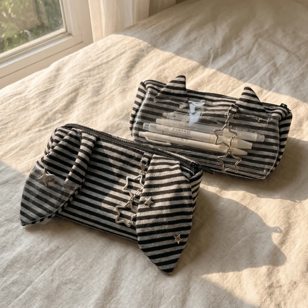 Multi-functional Striped Pencil Case Large Capacity Clear PVC Stationery Organizer Vintage Rabbit Ear Star Pendant Pen Bag