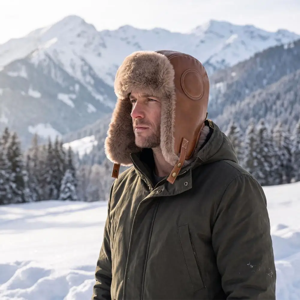 Winter Trapper Hat, Windproof PU Leather Fur Hat with Ear Flaps, Thickened Fleece Lined Warm Pilot Hat for Cold Weather Outdoor