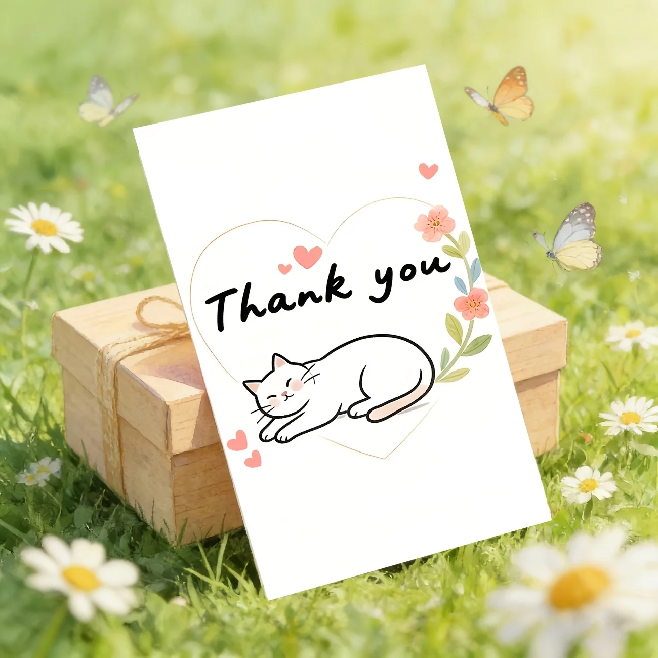 50PCS Cat Pattern Thank-you Cards, Sleeping Cat and Floral Decoration Patterns, Used for Gift Packaging, Shops, Etc