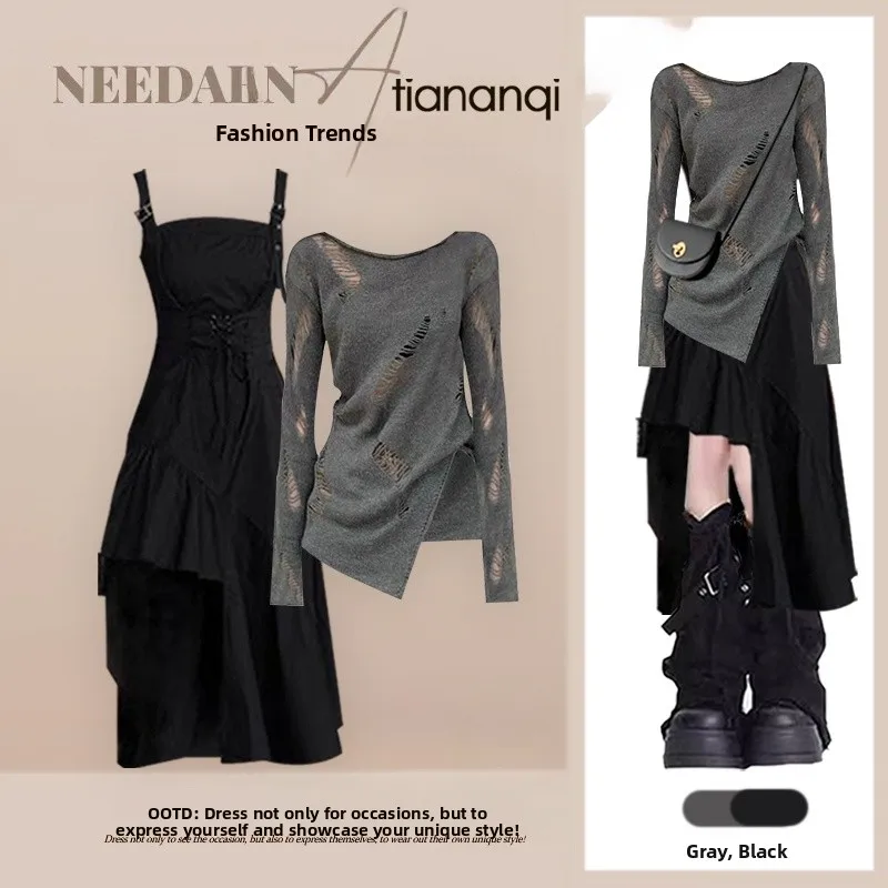 

Autumn Set 2026 New Lazy Style Hollow out Grey Knitted Top with Slimming Skirt Two Piece Set Fashionable Casual Women's Ensemble