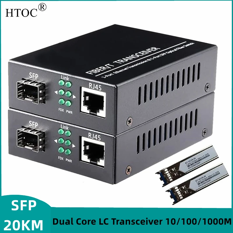 HTOC-convertidores de medios de fibra Gigabit Ethernet SFP, módulo LC de modo único de doble núcleo, 100/1000M, 20KM, transceptor de fibra óptica, 1