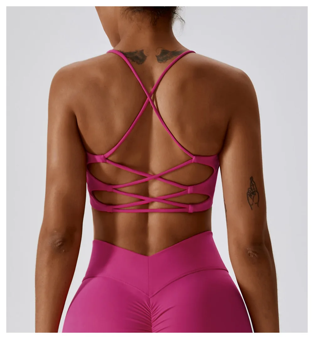 Soutien-gorge moulant en forme de U pour femme, sous-vêtement sexy de sport, de fitness, de gym, de yoga, avec sangle croisée dans le dos, coussin