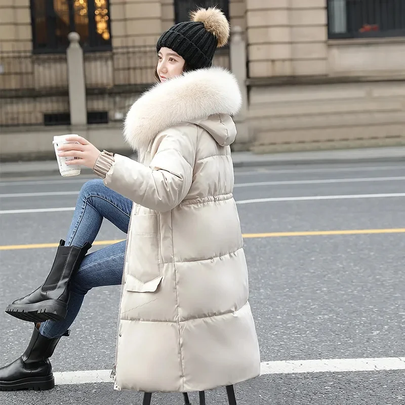 2023 neue Winter jacke Frauen Parkas langen Mantel Pelz kragen Kapuze weibliche lose lässige Baumwolle gepolsterte warme Puffer Parka Outwear