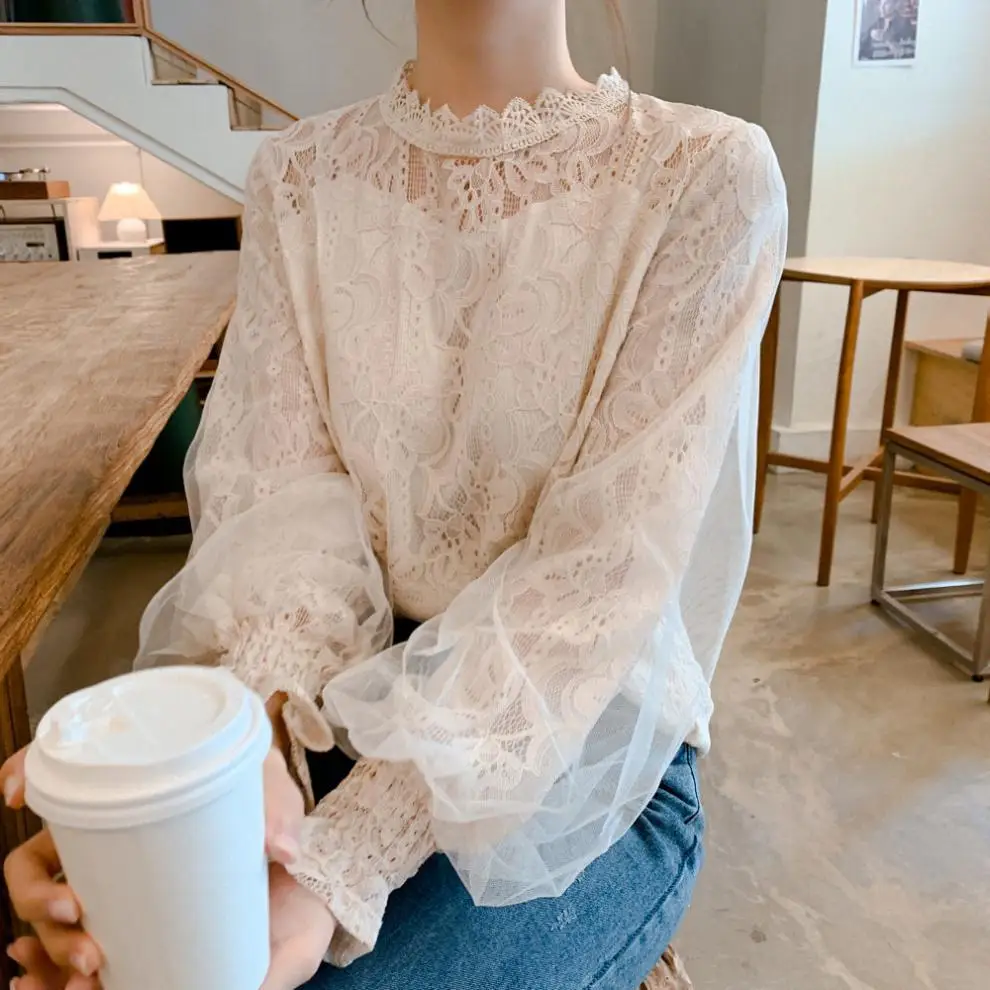 Casual Hook Hollow Flower Mesh Blouse Elegant Lantern Long Sleeve Clothes Fashion Ruffled Stand Collar White Shirt Female Blusas