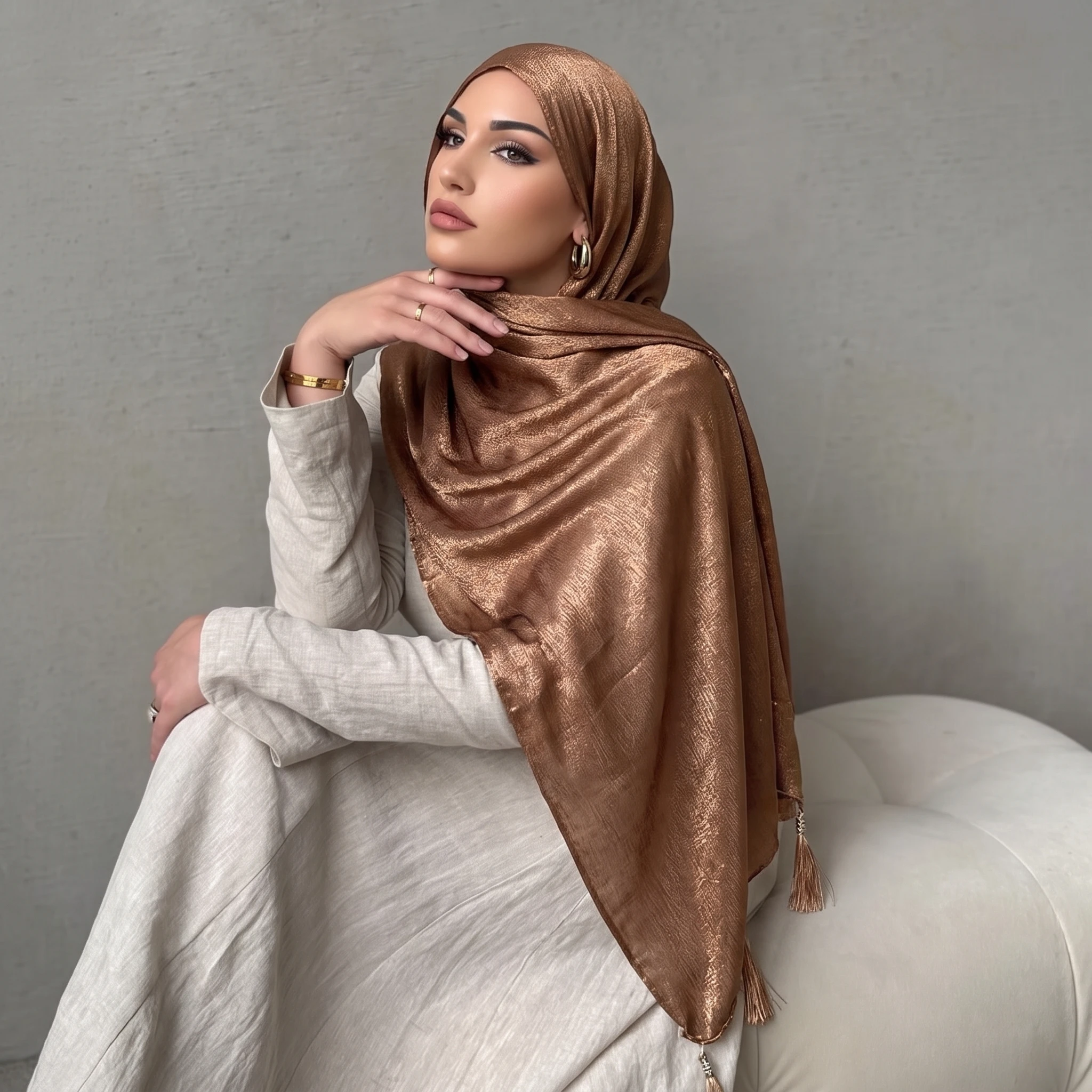 Luxury Metallic Shimmer Hijab For Women Tassel Decor Gloss Surface Muslim Headscarf Soft Flowy Shawl Elegant Islamic Modest