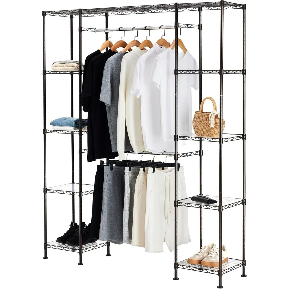 

Expandable Metal Closet Organizer with Adjustable Shelves and Hanging Rods, Bronze Finish, 57-80''L x 14''W x 72''H