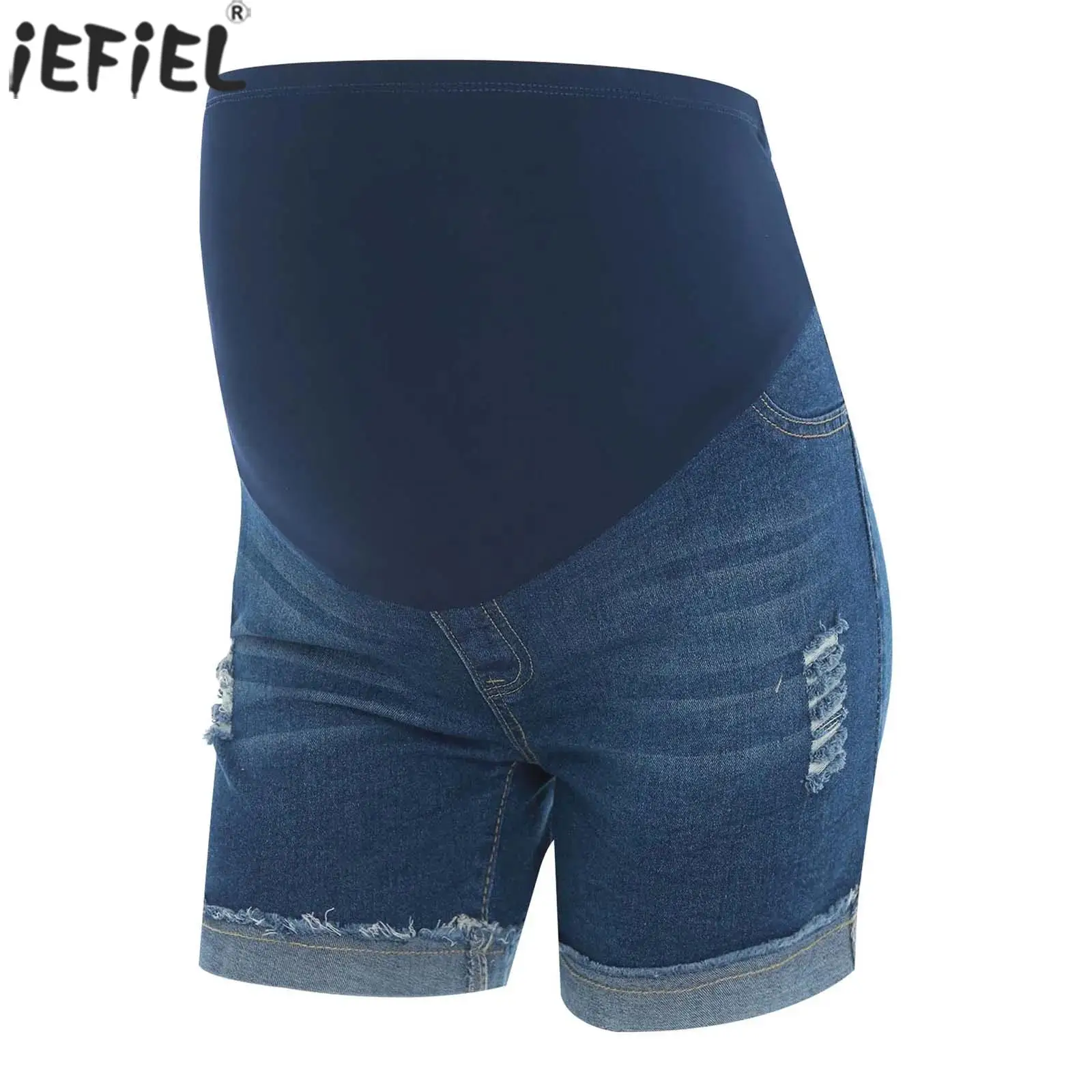 

Maternity Fashion Denim Shorts Pregnancy Women Clothes Elastic Waistband Ripped Roll Up Hem Mini Shorts with Pocket Casual Wear