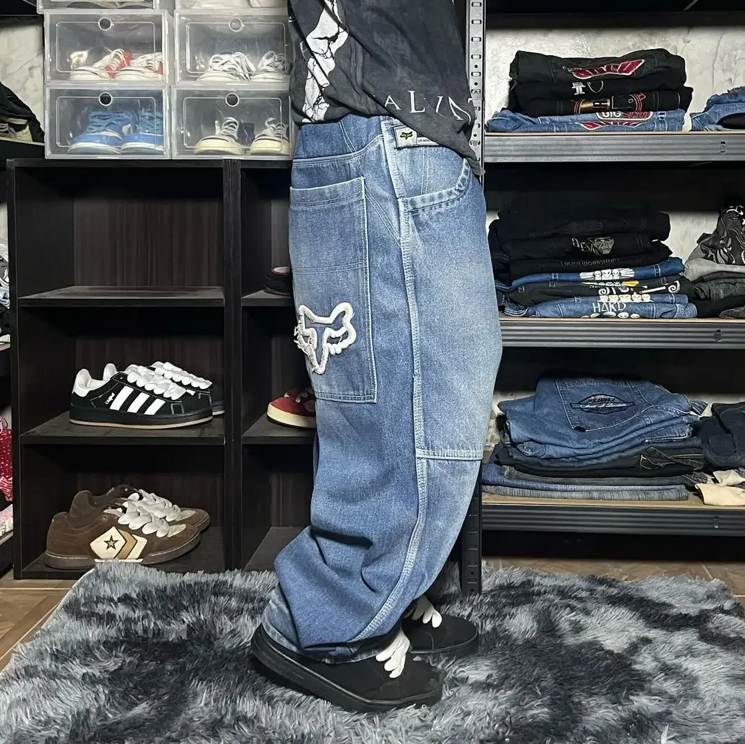 Y2k Autumn Vintage Blue Washed Hip Hop Embroidery Baggy Jeans Women Streetwear Casual Wide Leg Pants High Waisted Trousers