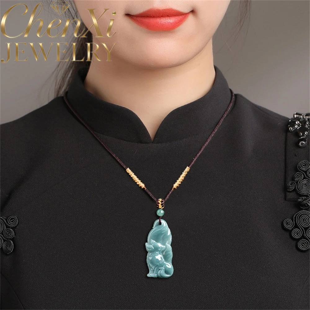 Authetic Natural A-Grade Blue Water Jadeite Nine-Tailed Fox Pendant Exquisite Charms Moissanite Pendant Luxury Quality Jewelry