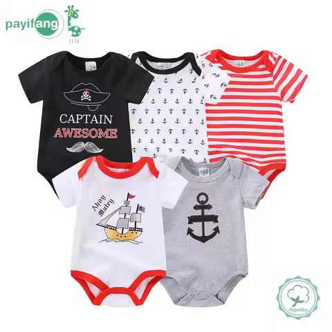 Conjunto de 5 Macacões de Manga Curta para Bebê Menino 100% Algodão Puro, Bodies Estampados com Tema Náutico/Pirata, Roupas de Verão para Bebês 0-12 meses